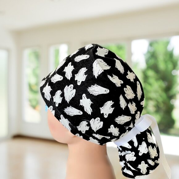 Glow In The Dark Ghosts~ Ponytail Scrub Cap, Surgical Hat, OR, CNA, NP, MD, Gift - Picture 3 of 6